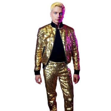 Imagem de Earthradius Jaqueta espelhada com lantejoulas, elástico, balada, bar, palco, roupas modernas de carnaval (dourado, P, calça)