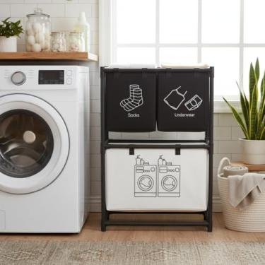 Imagem de Cesto de Roupa Suja e Organizador Estante Para Lavanderia Banheiro Com Dois Andares 3 Cestos Hastes de Metal e TNT, 97x57x28cm Preto