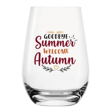 Imagem de YJXIN Taça de vinho engraçada sem haste adeus verão bem-vindo outono presente para mulheres ocasiões especiais 30, 40, 50, 60º aniversário para mãe presente de aposentadoria para ela presente de filha