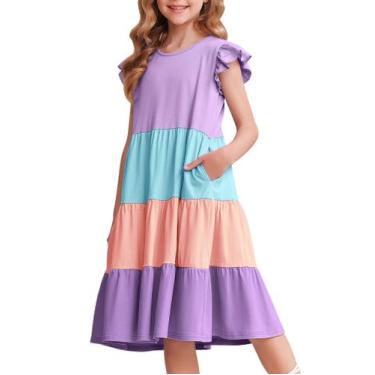 Imagem de Vestido de verão Arshiner Girls, manga com babados, algodão, roxo, 12-