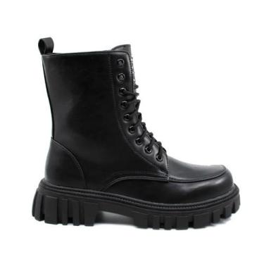 Imagem de Bota de tornozelo feminina preta cravejada, combate, salto baixo, mate