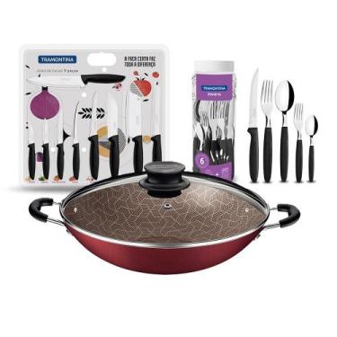 Imagem de KIT - Panela WOK 6L 36 cm Vermelho + 1 Faqueiro 30pç + 1 Conjunto Faca