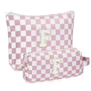 Imagem de Narwey Bolsa de maquiagem com inicial personalizada, 2 peças, xadrez, presentes de aniversário, presentes para meninas, itens modernos 6, 8, 10, 11, 12, 13, 14, 16, 18 anos, bolsa de higiene pessoal