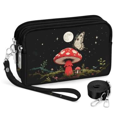Imagem de BIAOTIE Bolsas de pulso para mulheres, bolsas transversais pequenas de nylon com alça ajustável 3 zíperes carteira de pulso organizador de telefone, Cogumelo preto