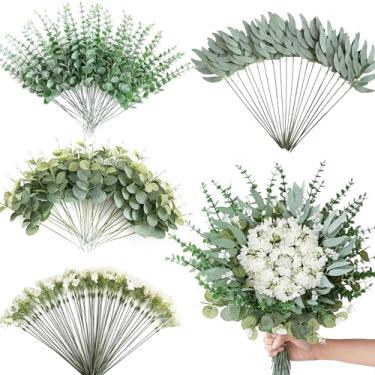 Imagem de Muhanjia 160 peças de hastes artificiais mistas de eucalipto e flores falsas brancas, hálito de bebês grandes e hastes de folhas de eucalipto a granel para buquê de casamento faça você mesmo