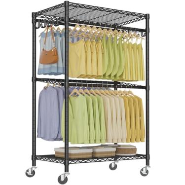 Imagem de VIPEK R2 Pro Rack de roupas com rodinhas de 2 lados, suporte para roupas pesadas, com rodas, prateleiras ajustáveis, varões de metal portátil, armazenamento de armário independente, carga máxima de
