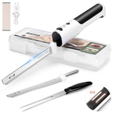 Imagem de HK Faca elétrica sem fio para esculpir carnes, aves, pão, espuma de artesanato e muito mais, inclui lâminas duplas de aço inoxidável 304, garfo, tábua de corte dobrável