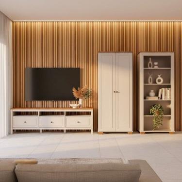 Imagem de Conjunto de Sala 3 Peças Rack, Estante e Armário Madeira Maciça Ananda Cabecasa Madeiramadeira Off White/Mel