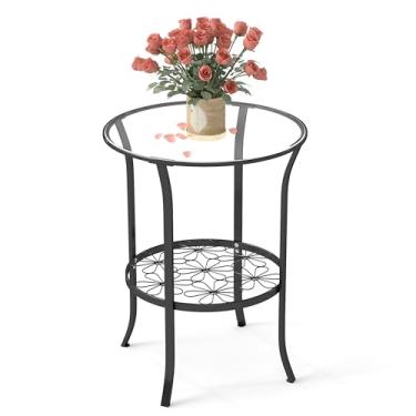 Imagem de DDK Mesa lateral redonda de metal de 2 camadas com tampo de vidro, mesa de canto externo para pátio ou varanda