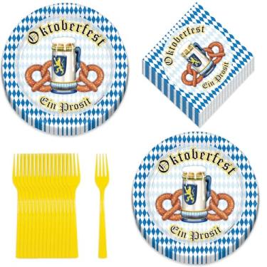 Imagem de Live It Up! Party Supplies Pratos de jantar de papel pretzel xadrez azul e branco Oktoberfest, guardanapos de almoço e garfos (serve 16)