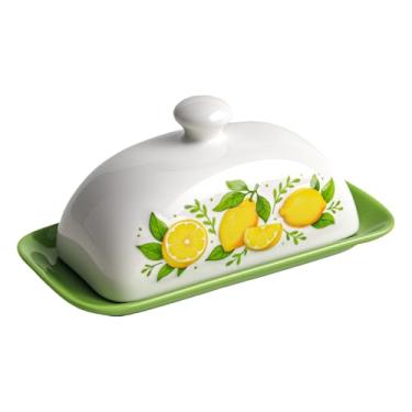 Imagem de Bicuzat Manteiga de cerâmica em relevo de limão com tampa, recipiente de manteiga para bancada de cozinha, protetor de pote de manteiga de limão