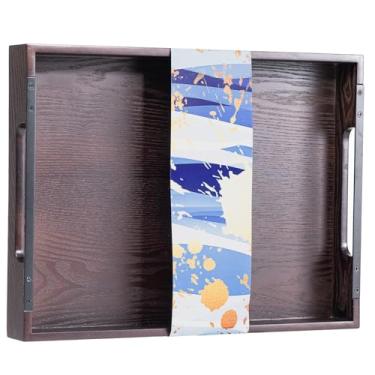 Imagem de Bandeja de servir de madeira com alças de metal, bandejas de mesa de café 42 x 32 cm, bandejas de lanches, sala de estar, cozinha, servidor de café da manhã, bandeja decorativa de madeira maciça