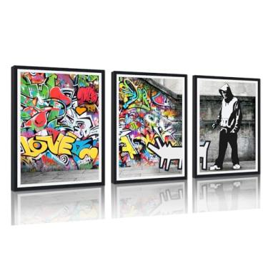 Imagem de Arte de parede emoldurada de homem com cachorro, pôsteres coloridos de grafite de arte de rua, impressão HD em tela, decoração de casa para sala de estar, quarto, decoração de parede, fácil de colocar