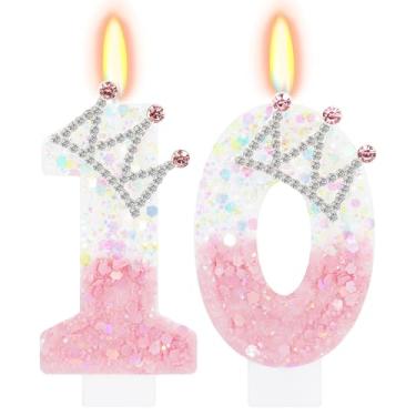 Imagem de ElekFX Vela número 10 rosa e branca, topo de bolo com coroa de glitter, decorações de festa de aniversário de princesa para meninas e mulheres, lembrancinhas de festa de aniversário