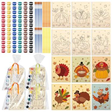 Imagem de Soulchen Conjunto de 12 conjuntos de pintura de peru de Ação de Graças, conjunto de artesanato de madeira, cartão de colorir de peru, presente de festa, feito à mão, pintura faça você mesmo com fita