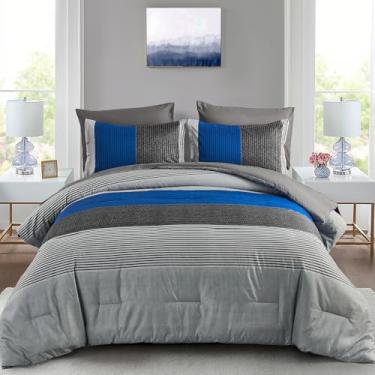 Imagem de Anibedding Conjunto de edredom queen azul, 7 peças, cama listrada de patchwork azul e cinza em uma bolsa com lençol com fronha para cama queen para todas as estações