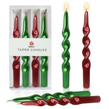 Imagem de Castiçais cônicos em espiral de 25 cm feitos à mão, conjunto de 4 velas cônicas sem cheiro sem fumaça para decoração de casamento e Natal (metal vermelho verde)