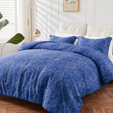 Imagem de HENGWEITEXT Conjunto de edredom de 2 peças, solteiro, alternativo para todas as estações, tamanho solteiro em uma bolsa, lençol com bolso profundo, ultramacio e fofo, azul marinho