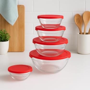 Imagem de Conjunto 5 Potes de Vidro Tampa Vermelha | Jogo Marmita Para Micro-ondas e Freezer - Sem Bisfenol A | Kit 5 Potes de Vidro para Cozinha Alimentos Geladeira