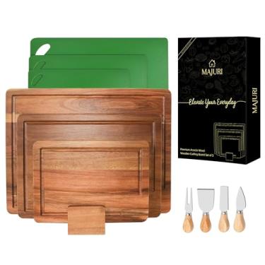 Imagem de Tábua de corte de madeira de acácia – conjunto de 11 peças, tábuas de corte de madeira extra grandes com suporte, sulcos profundos de suco, tábuas de corte não tóxicas para cozinha, tábuas de