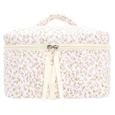 Imagem de Bolsa de maquiagem PAZIMIIK acolchoada vintage de viagem floral rosa