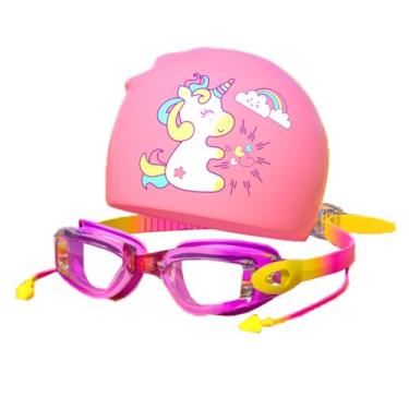 Imagem de Kit Óculos Natação Infantil Com Touca Impermeável Estojo Menino Menina Crianças Piscina Profissional Anti Embaçante Proteção UV Azul Rosa Lilás Desenhos Unicórnio Jacaré (Rosa e Amarelo)