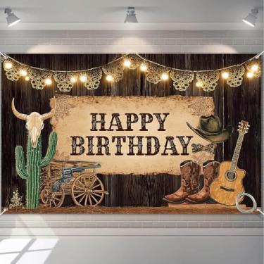 Imagem de HOMETITUTE Bandeira de feliz aniversário ocidental botas de cowboy rústico chapéu guitarra crânio cacto carroça roda feriado evento decoração faixa de aniversário festa interior exterior fundo 71x43