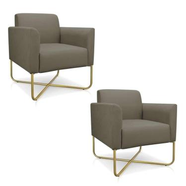 Imagem de Kit 2 Poltronas Decorativas Base Industrial X Dourada Maressa S12 Suede Marrom Rato - Ibiza