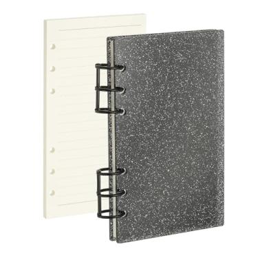 Imagem de PATIKIL Capa para caderno com 6 anéis, fichário acrílico com glitter A6, 2 anéis redondos de metal preto com 90 folhas forradas, papéis internos para planejamento de viagem e escritório, preto