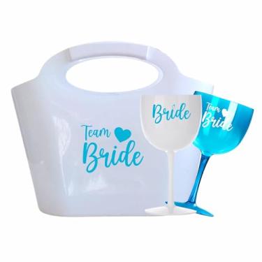 Imagem de Kit 15 Taças Gin Vodka 580ml Acrílica - Personalizadas Chá de lingerie despedida de solteira madrinhas Bride Noiva - Aloha (Bolsa Branca/Taças Azul -BRIDE)