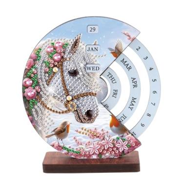 Imagem de AiYuanzsh Calendário perpétuo de mesa com pintura de diamante, enfeite de mesa de madeira DIY 3D com design de cavalo branco, kit de arte de diamante brilhante para decoração de mesa