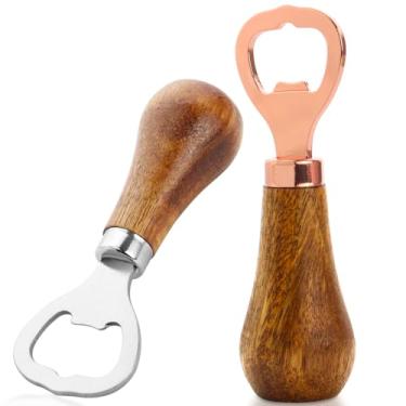 Imagem de Pacote com 2 abridores de garrafas de madeira com alça de nogueira, abridor de cerveja para bebidas com cabo de madeira para amantes de cerveja para casa, cozinha, bar, restaurante