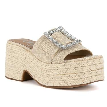 Imagem de Sugar Sandálias femininas de alpargatas com plataforma sem cadarço – Slide de cunha grossa com cabedal de tecido e fivela de strass – Sapato moderno de verão para uso casual e na praia, Natural, 40