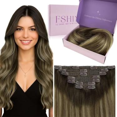 Imagem de fshine Ombre Clipe em extensões de cabelo Cabelo Humano 16 Polegada Marrom Escuro Fading para Caramelo Loiro Clipe em extensões de cabelo Cabelo Clip em extensões de cabelo humano 120g, 120.0 Count
