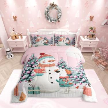 Imagem de Feelyou Conjunto de cama Kawaii com boneco de neve de Natal, macio, para meninos e meninas, tamanho casal, edredom fofo de microfibra para decoração de quarto, 3 peças com 2 fronhas
