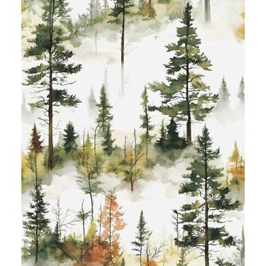 Imagem de Papel de parede da floresta de outono, descasque e cole, papel de contato de pinheiros verde/amarelo, mural de parede autoadesivo à prova d'água removível para prateleiras de banheiro armário gaveta