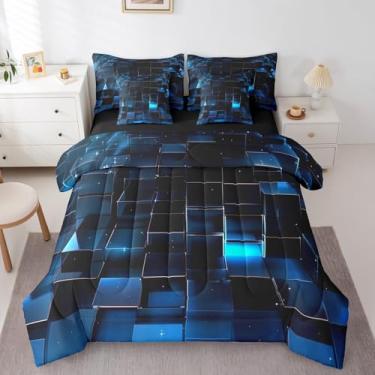 Imagem de Erosebridal Conjunto de edredom xadrez com glitter, tamanho casal, 3D, 7 peças, para crianças, adolescentes, meninos, estampa elétrica, geométrico, azul, quente, cama macia em uma bolsa