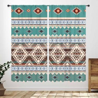 Imagem de Cortinas rústicas ocidentais para quarto, casa de fazenda moderna, tribal, retrô, asteca, ocidental, abstrato, geométrico, tratamento de janela verde para sala de estar, cozinha, 2 painéis, 106 x 113