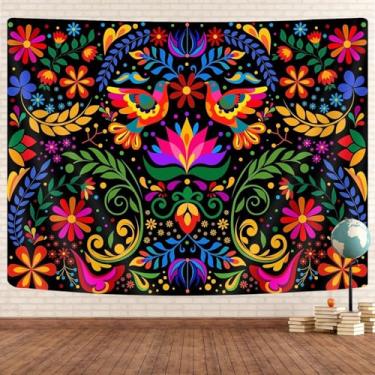 Imagem de GOAOK Tapeçaria floral do México, tapeçaria hippie estética tradicional de pássaros com flores do México, tapeçaria étnica pastel ornamentada mexicana para pendurar na parede para quarto sala de estar