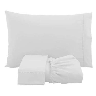 Imagem de Jogo Lençol Casal Queen Ponto Palito 3 Peças 180 Fios Algodão BRANCO -