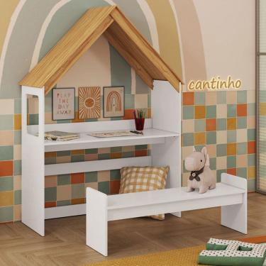Imagem de Mesa Infantil Casinha Montessoriana com Banco 100% Mdf Branco Brilho/Amêndoa - Móveis Peroba