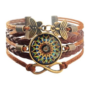 Imagem de Pulseira feminina floral de mandala de ioga - Pulseira de couro sintético trançada Boho feita à mão com pingente de borboleta - Joias hippie ajustáveis vintage, Adjustable, Couro sintético, Sem Pedra