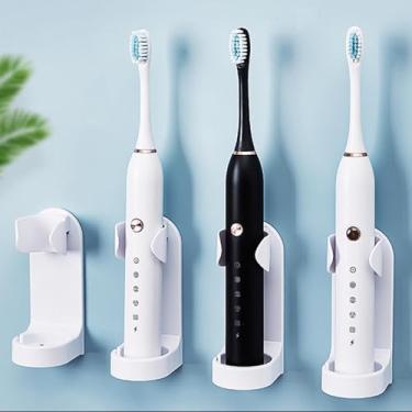 Imagem de 2 peças de suportes de escova de dentes elétricos, porta-escovas de dentes pequenas autoadesivos montados na parede, sem perfuração, suporte de parede, organizador de armazenamento de escovas de