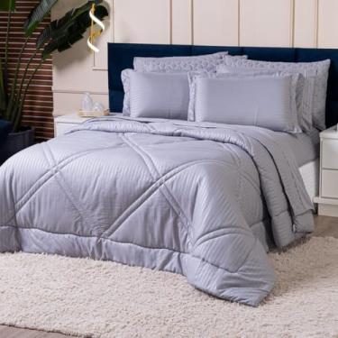 Imagem de Kit Edredom Cobertor QUEEN 03 Peças Mônaco Fitado Percal Soft 300 Fios com Fronhas - Dupla Face Listrado Acetinado Brilhante Toque Macio Cheio Grosso (Cinza)
