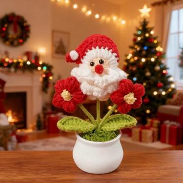 Imagem de 1 peça de decoração feita à mão de Papai Noel, enfeite festivo de vaso de flores com design de lã de malha, decoração de mesa para casa