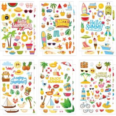Imagem de 344 adesivos de verão para, 12 folhas de adesivos de férias de desenho animado decalques piscina, abacaxi, tema sol praia adesivo para lembrancinhas tropicais do Havaí, férias, scrapbooking, diário