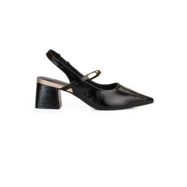 Imagem de Scarpin Slingback Bebecê Salto Bloco Com Tira Metalizada, Preto, 36