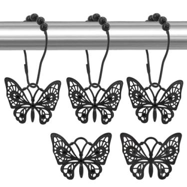 Imagem de TJSKD Ganchos decorativos de cortina de chuveiro, 12 peças de ganchos de cortina de borboleta, anéis de chuveiro, clipes de cabide de cortina de chuveiro à prova de ferrugem, anel de gancho para varão