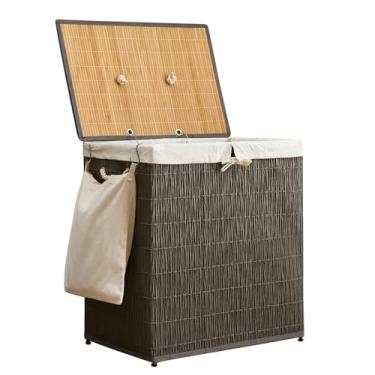 Imagem de Cesto de roupa suja com tampa, cesto de roupa grande de 150 litros, 2 sacos de forro removíveis, cesto de roupas de vime sintético com bolso lateral, organização de lavanderia para banheiro