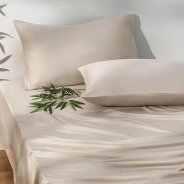 Imagem de PHF 4 peças 100% raiom derivado de bambu_ conjunto de lençóis tamanho solteiro, lençóis refrescantes para pessoas que dormem quentes, faixa elástica mais larga e bolso profundo de 40,6 cm, conjunto de
